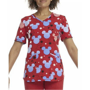 Disney Mickey Mouse Patriotic Stars V Neck Medical Scrub Top Women's NWOT Size L